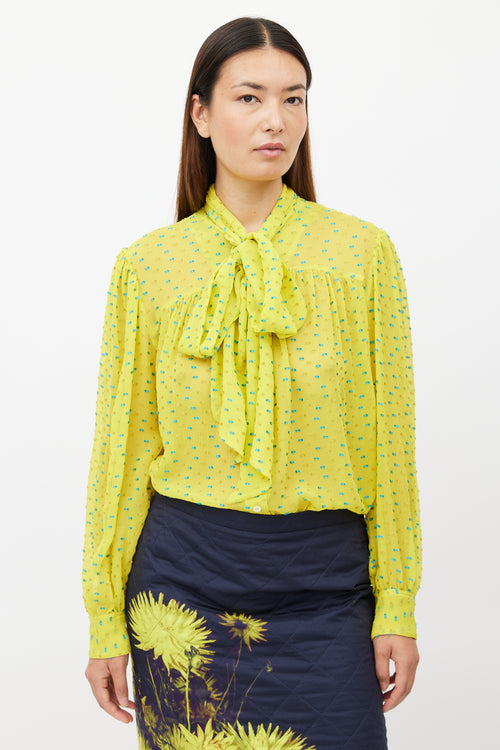 Dries Van Noten Yellow 
Blue Fil Coupe Silk Shirt