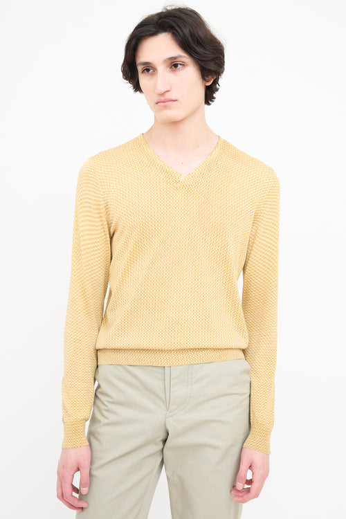 Dries Van Noten Yellow 
Brown Geometric V-Neck Sweater