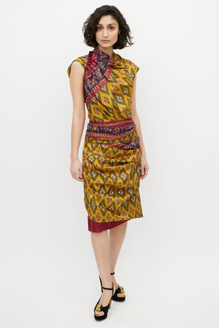 Dries Van Noten Yellow 
Red Silk Pleated Geometric Dress