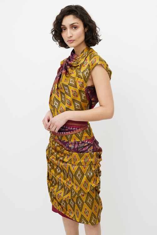 Dries Van Noten Yellow 
Red Silk Pleated Geometric Dress