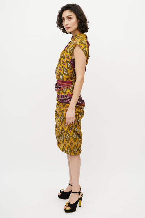 Dries Van Noten Yellow 
Red Silk Pleated Geometric Dress