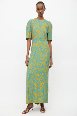 Dries Van Noten Yellow 
Blue Leaf Print Dress