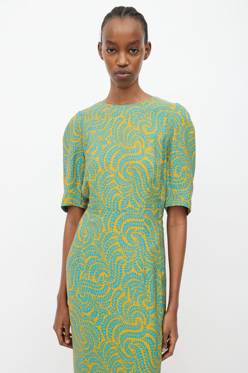 Dries Van Noten Yellow 
Blue Leaf Print Dress