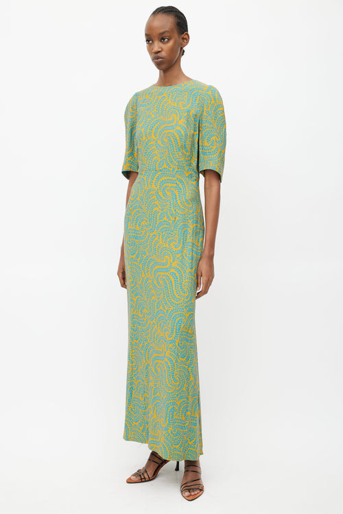 Dries Van Noten Yellow 
Blue Leaf Print Dress