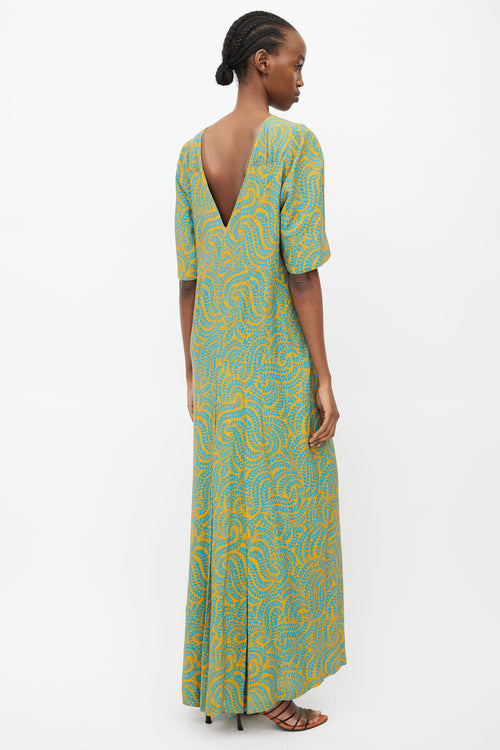 Dries Van Noten Yellow 
Blue Leaf Print Dress