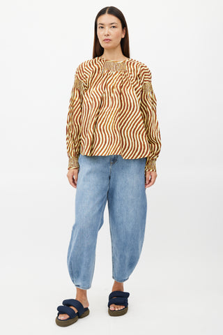 Dries Van Noten x Len Lye Yellow 
Brown Wave Print Smocked Top