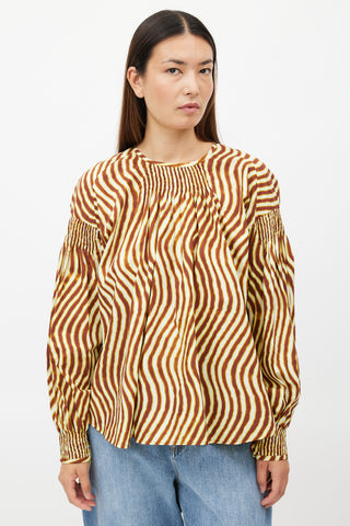 Dries Van Noten x Len Lye Yellow 
Brown Wave Print Smocked Top