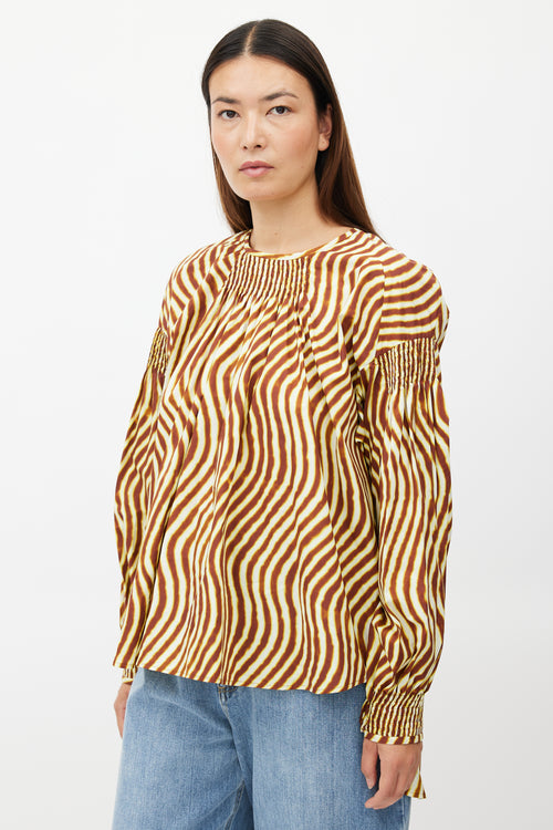 Dries Van Noten x Len Lye Yellow 
Brown Wave Print Smocked Top