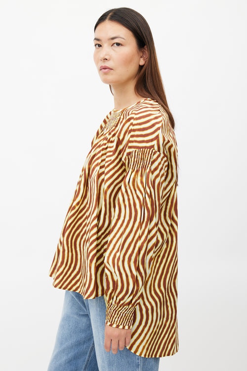 Dries Van Noten x Len Lye Yellow 
Brown Wave Print Smocked Top