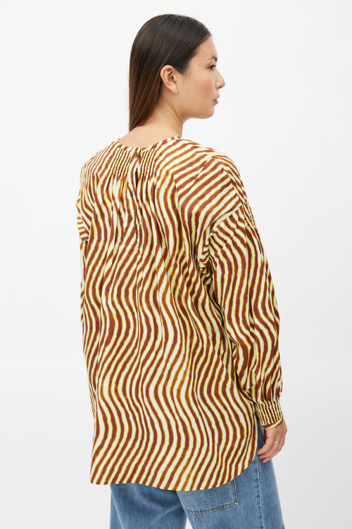 Dries Van Noten x Len Lye Yellow 
Brown Wave Print Smocked Top