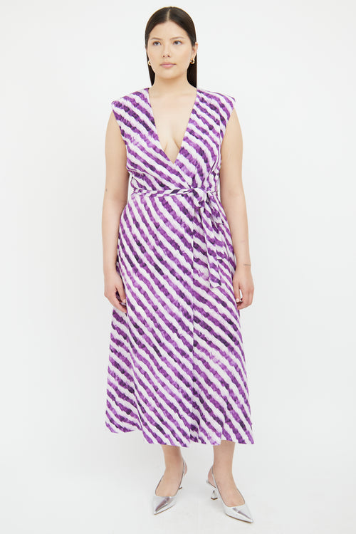 Dries Van Noten Purple 
White Striped Wrap Dress