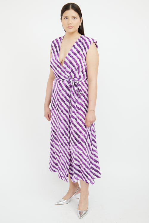 Dries Van Noten Purple 
White Striped Wrap Dress