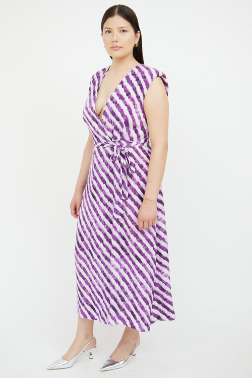 Dries Van Noten Purple 
White Striped Wrap Dress