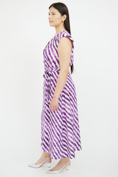 Dries Van Noten Purple 
White Striped Wrap Dress