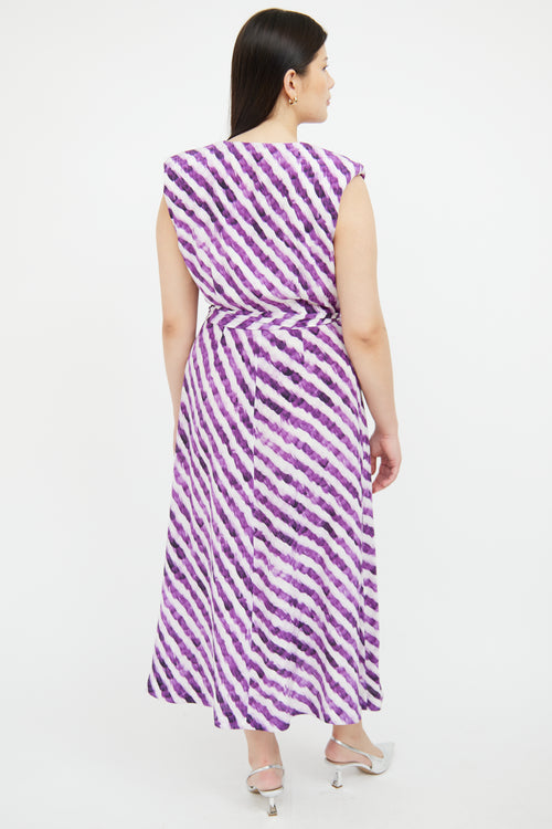 Dries Van Noten Purple 
White Striped Wrap Dress