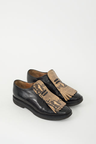 Dries Van Noten Black Leather Printed Kiltie Fringe Oxford