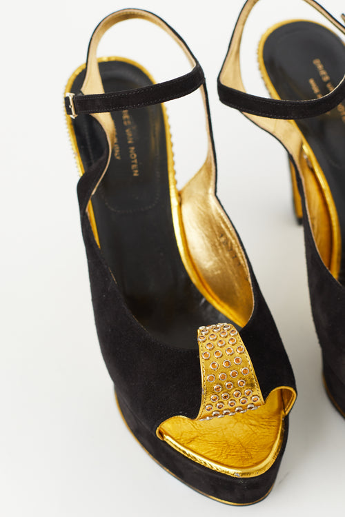 Dries Van Noten Black 
Gold Suede Heel