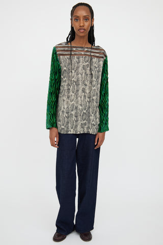 Dries Van Noten Green 
Beige Patterned Blouse