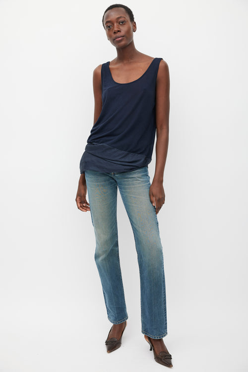 Dries Van Noten Navy Silk 
Cotton Layered Top