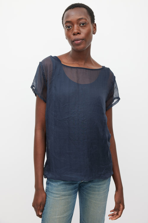 Dries Van Noten Navy Silk 
Cotton Layered Top