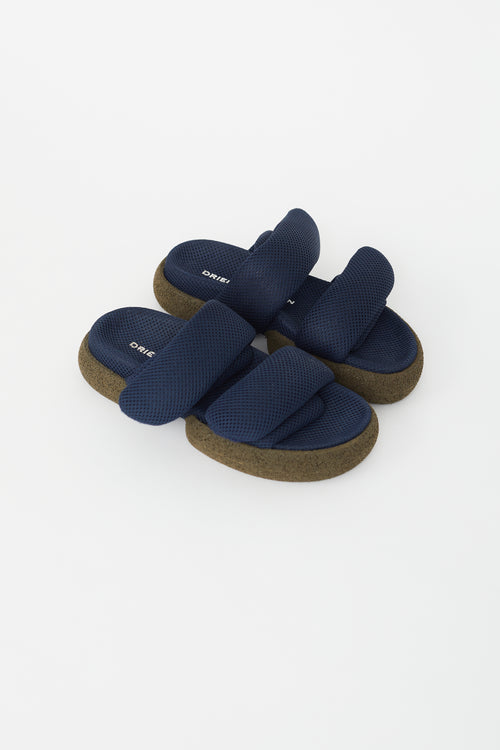 Dries Van Noten Navy Blue Mesh Padded Slides