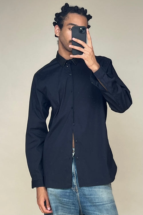 Navy Cotton 
Leather Collar Shirt