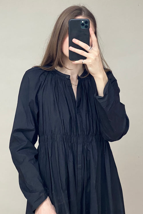 Black Cotton Gathered Dress