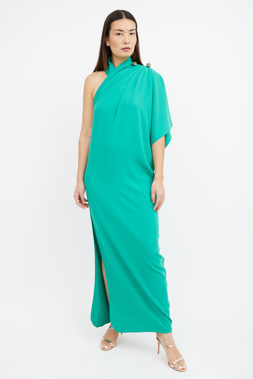 Elie Saab Green One Sleeve Draped Maxi Dress