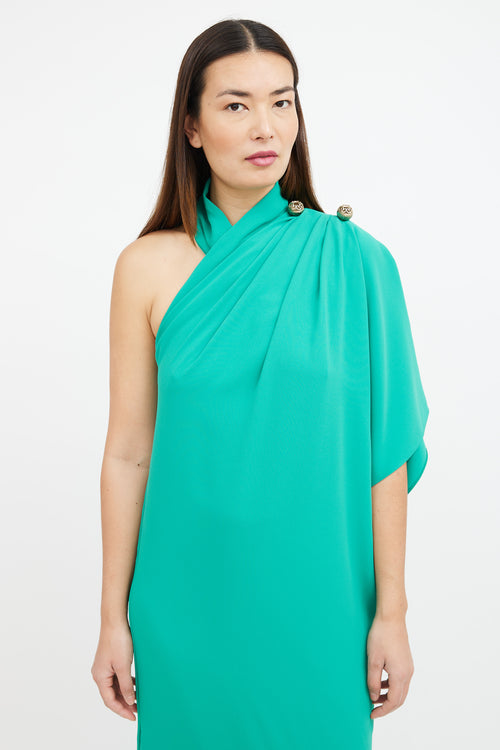 Elie Saab Green One Sleeve Draped Maxi Dress