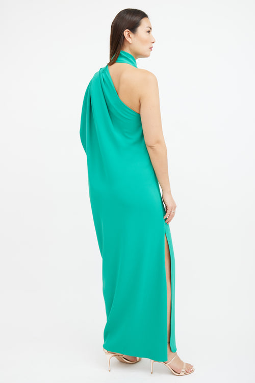 Elie Saab Green One Sleeve Draped Maxi Dress