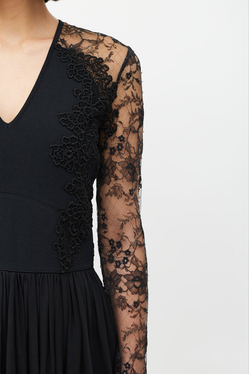 Elie Saab Black Long Sleeve Guipure Lace Dress