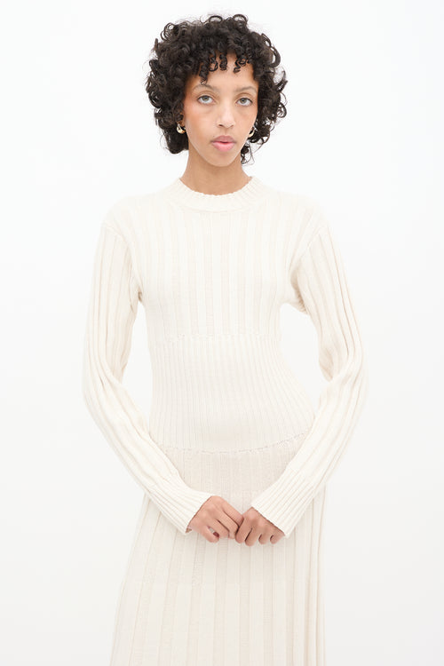 Elleme Cream Ribbed Knit Long Sleeve Midi Dress