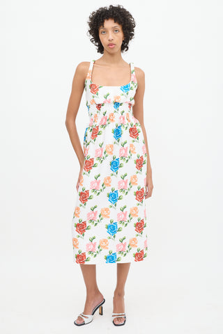 Emilia Wickstead White 
Multicolour Floral Smocked Midi Dress