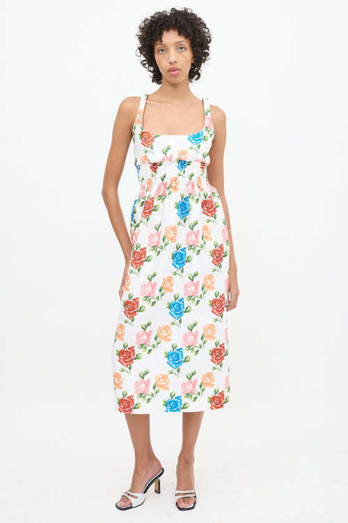 Emilia Wickstead White 
Multicolour Floral Smocked Midi Dress