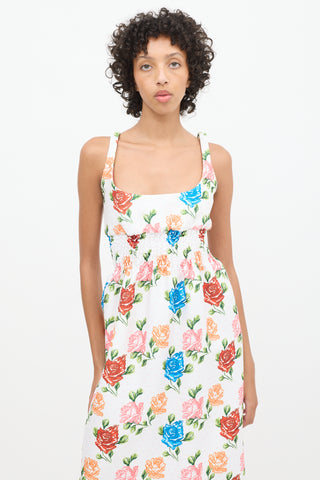 Emilia Wickstead White 
Multicolour Floral Smocked Midi Dress