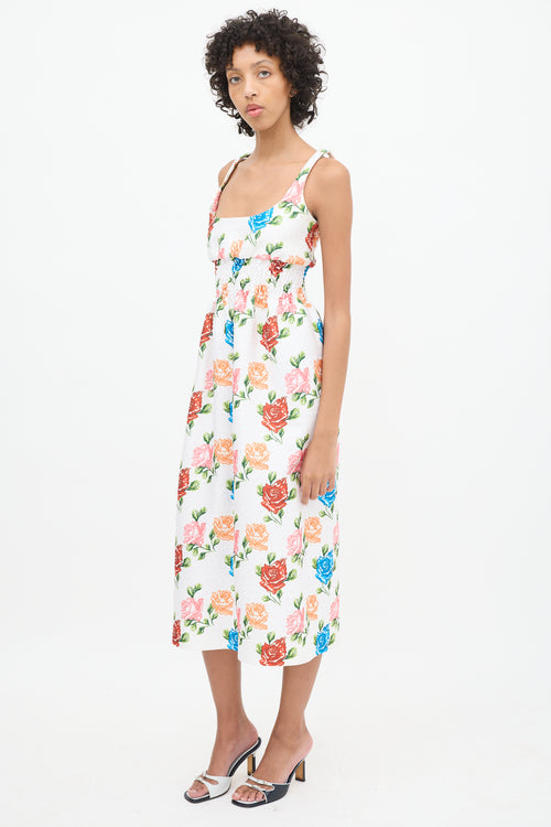 Emilia Wickstead White 
Multicolour Floral Smocked Midi Dress