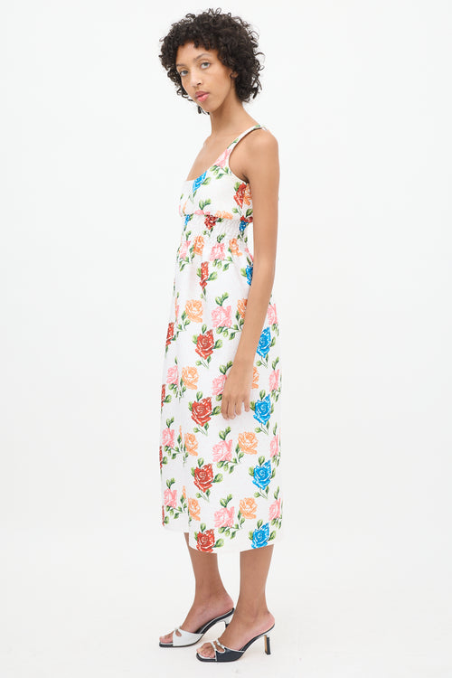 Emilia Wickstead White 
Multicolour Floral Smocked Midi Dress