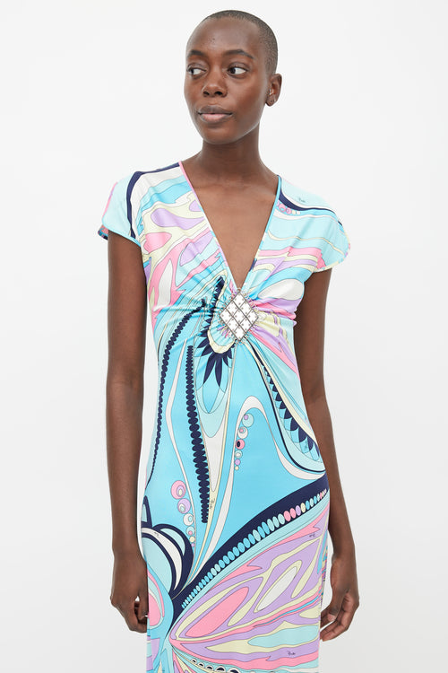 Emilio Pucci Blue 
Multi Silk Print Embellished Dress