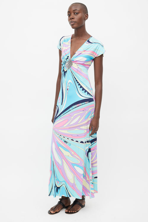 Emilio Pucci Blue 
Multi Silk Print Embellished Dress