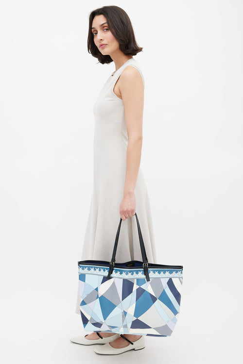 Emilio Pucci Blue 
Multicolour Coated Canvas Geometric Tote Bag