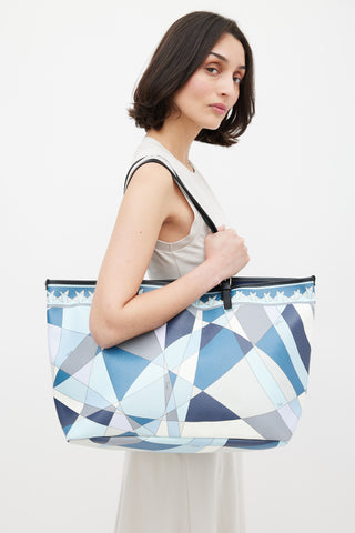 Emilio Pucci Blue 
Multicolour Coated Canvas Geometric Tote Bag