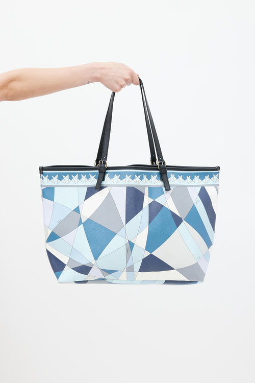 Emilio Pucci Blue 
Multicolour Coated Canvas Geometric Tote Bag