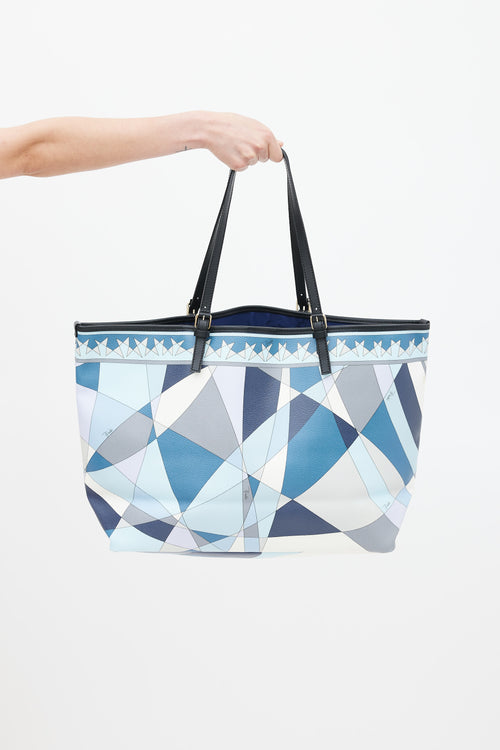 Emilio Pucci Blue 
Multicolour Coated Canvas Geometric Tote Bag