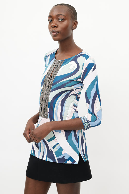 Emilio Pucci Blue 
Multicolour Jewel Abstract Print Top