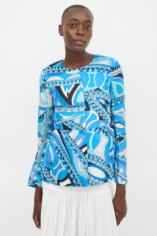 Emilio Pucci Blue 
Multicolour Silk Printed Peplum Jacket