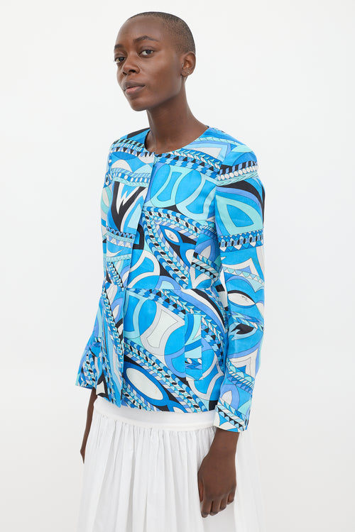 Emilio Pucci Blue 
Multicolour Silk Printed Peplum Jacket