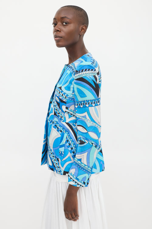 Emilio Pucci Blue 
Multicolour Silk Printed Peplum Jacket