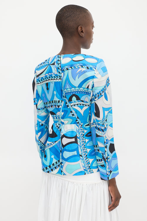 Emilio Pucci Blue 
Multicolour Silk Printed Peplum Jacket