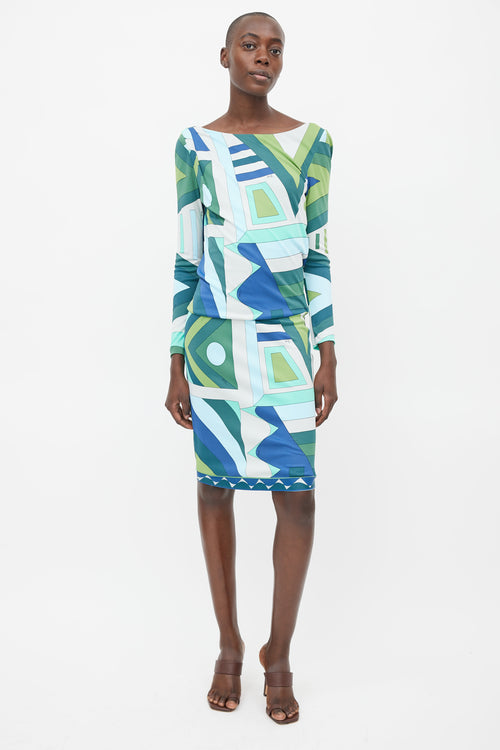 Emilio Pucci Green 
Blue Abstract Print Dress