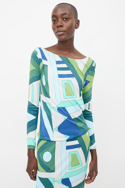 Emilio Pucci Green 
Blue Abstract Print Dress